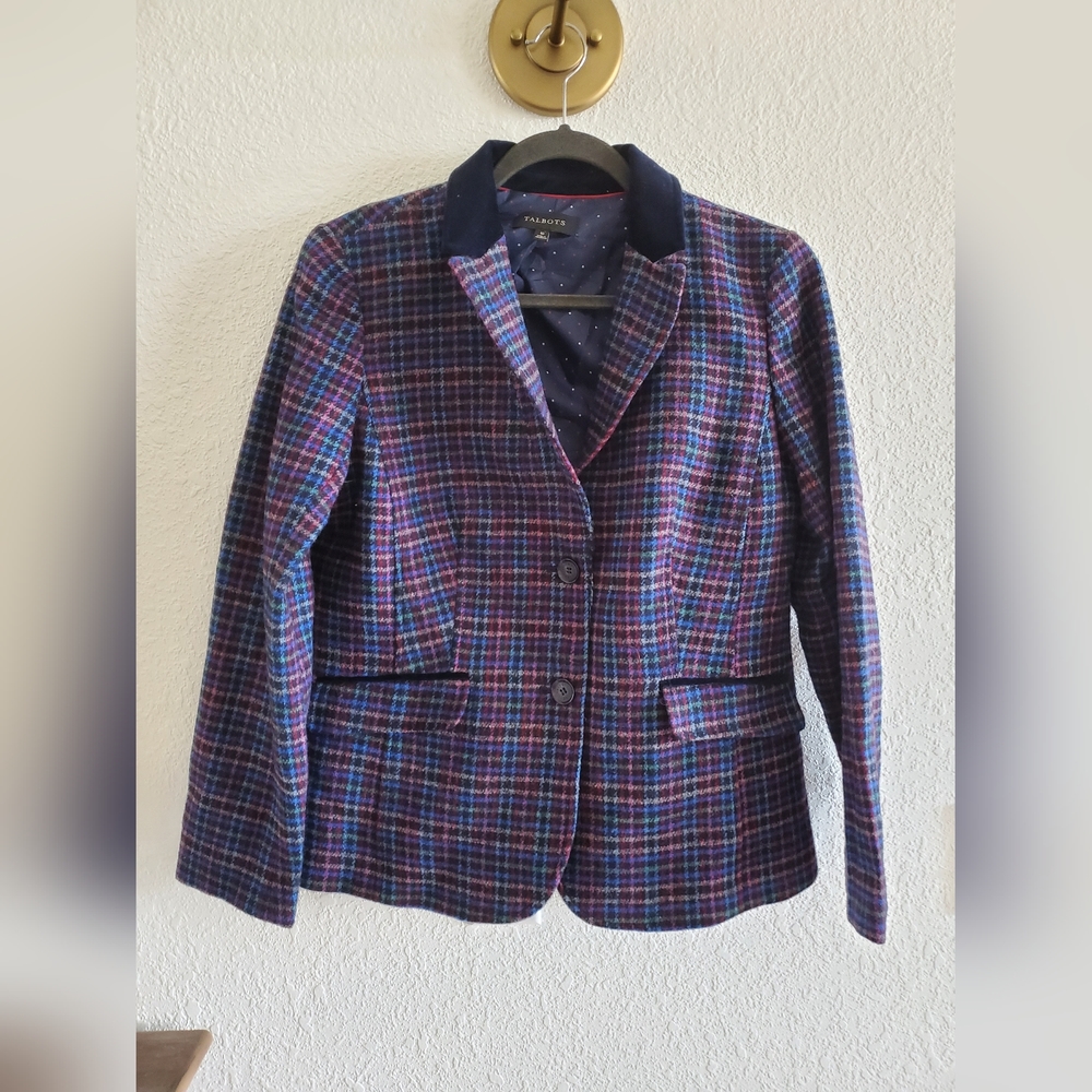 Talbots Wool Blend Tartan Plaid Blazer Navy Green Jacket Velvet Trim 10 $189